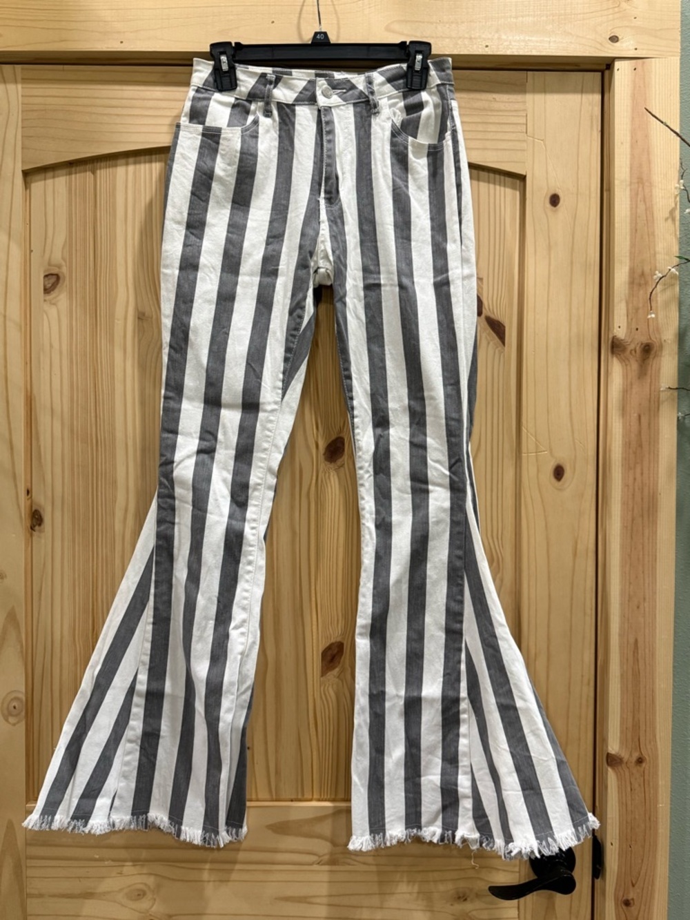 Saints & Hearts Striped Wide Flare Bell Bottom‎ Jeans with Raw Hem, Size Medium